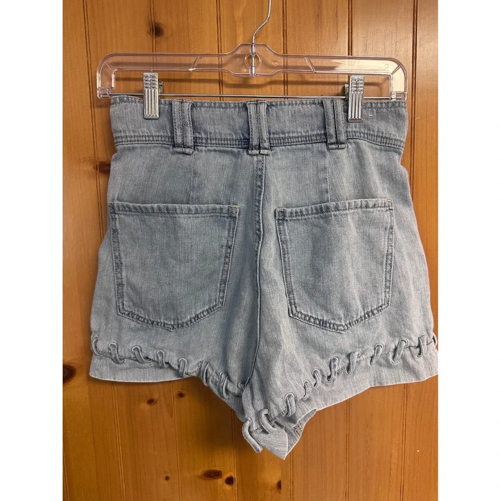 Sam Edelman Womens High Rise Pleated Braided Hem Denim Shorts Light Wash 27 Boho